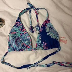 Lilly Pulitzer Blue Teal Pink Print Triangle Bikini Top